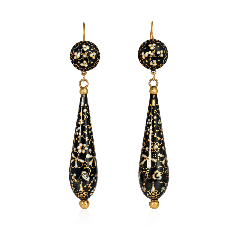 Victorian black and white Swiss enamel foliate design earrings