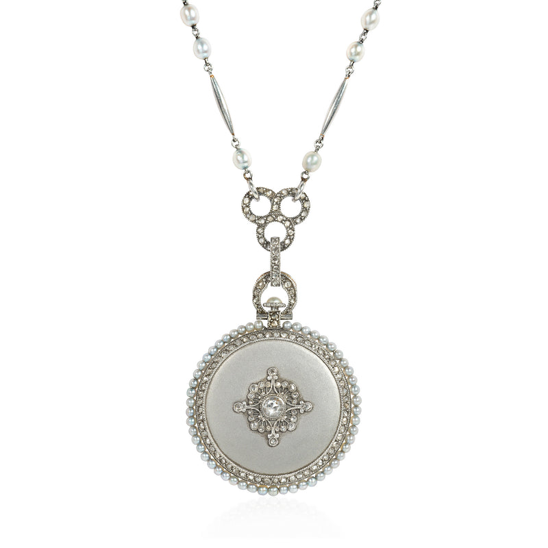 Leroy et Cie. antique pearl, diamond, and platinum watch pendant