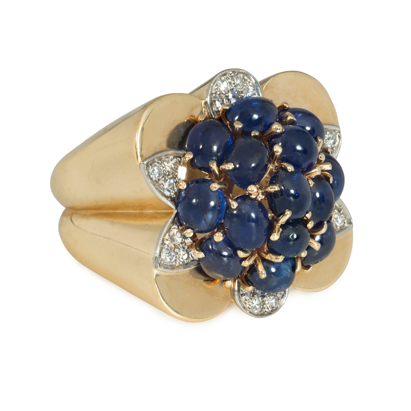 Retro gold, sapphire, and diamond cocktail ring