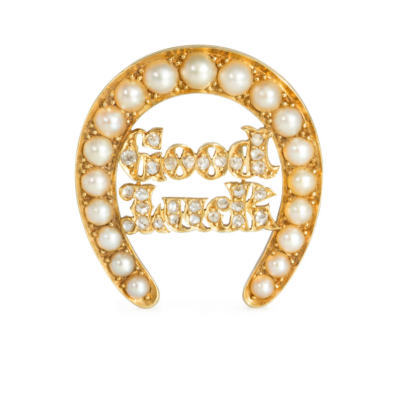 Victorian gold and diamond "Good Luck" horseshoe pin