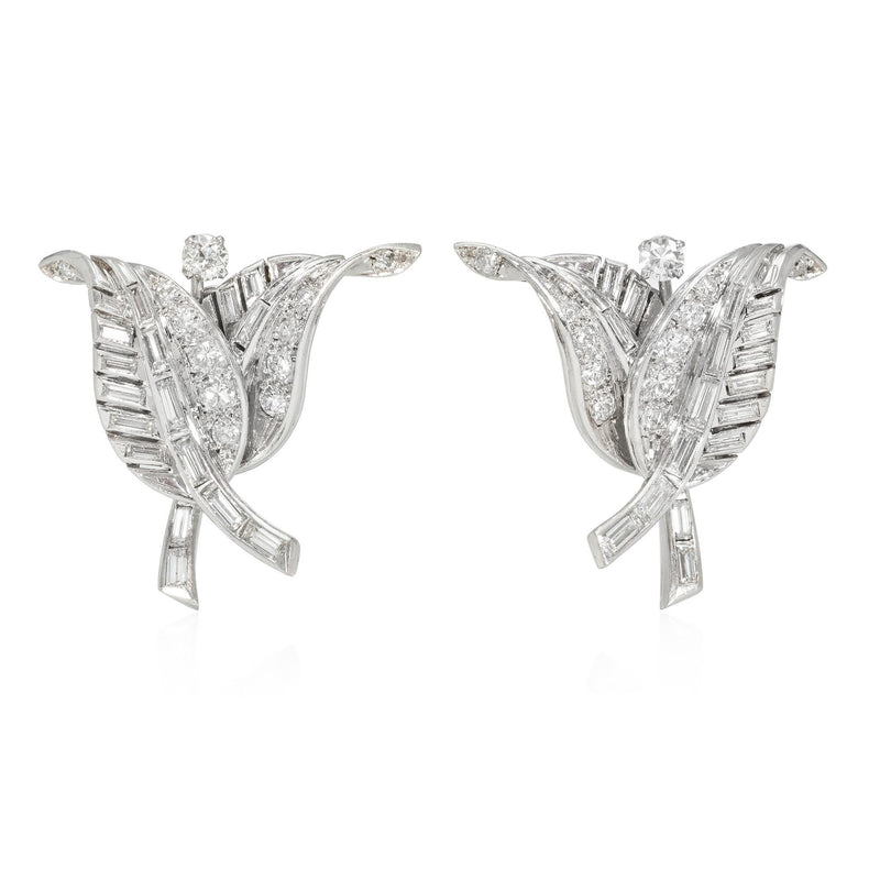 1950s French platinum and diamond overlapping leaf earrings