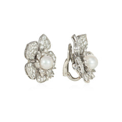 Mid-Century pearl and diamond flower earrings