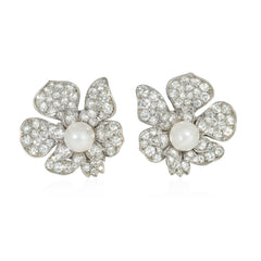 Mid-Century pearl and diamond flower earrings