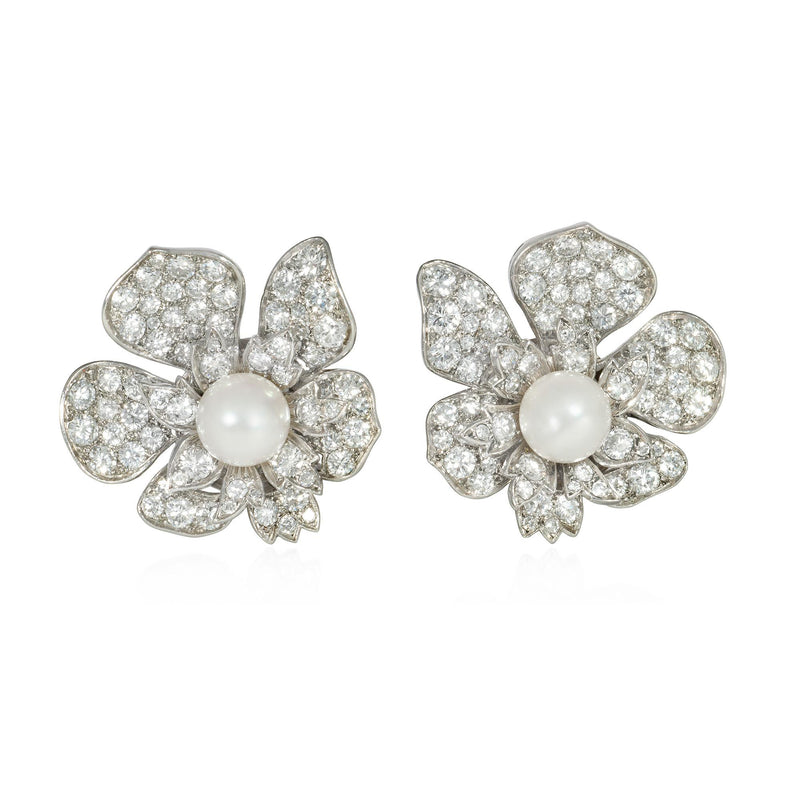 Mid-Century pearl and diamond flower earrings