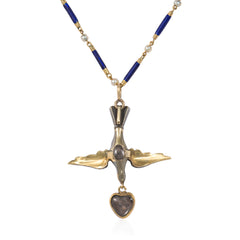 Antique French enamel and diamond bird and heart necklace
