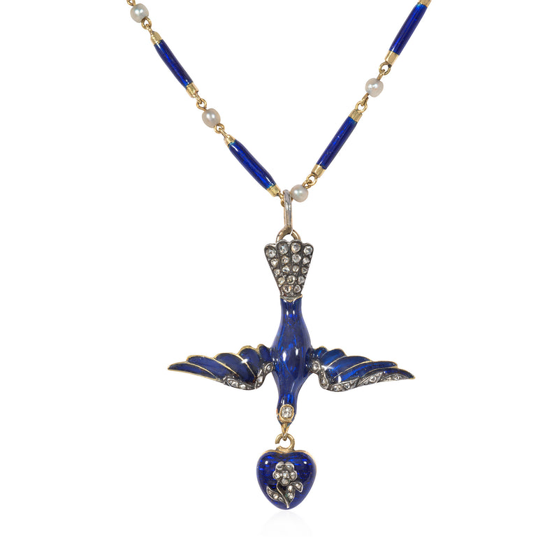 Antique French enamel and diamond bird and heart necklace