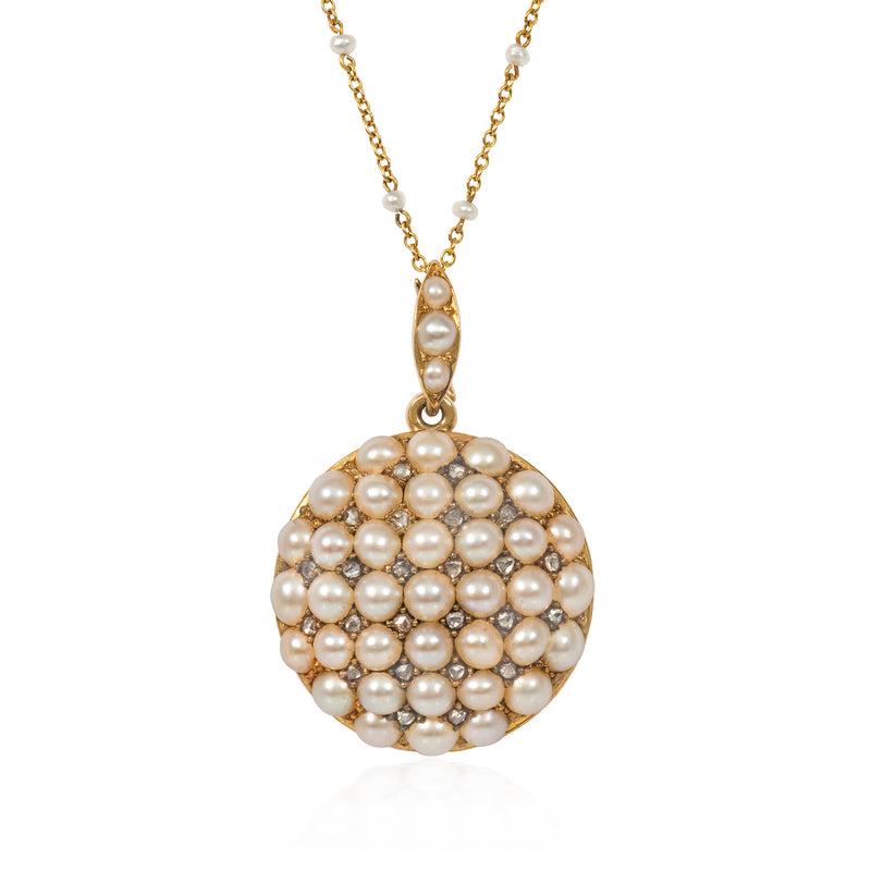 Antique pearl and diamond pendant locket and chain