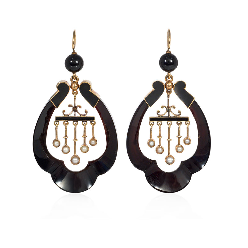 Antique onyx and pearl fringe pendant earrings