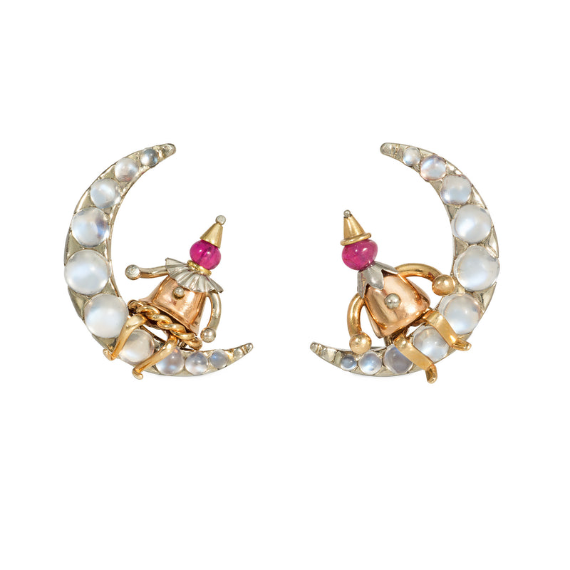 Rubel Retro moonstone and ruby man on the moon earrings