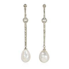 French Art Deco natural pearl and diamond pendant earrings