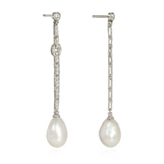 French Art Deco natural pearl and diamond pendant earrings