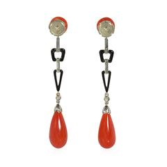 Art Deco French coral, enamel, and diamond earrings