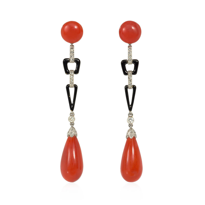 Art Deco French coral, enamel, and diamond earrings