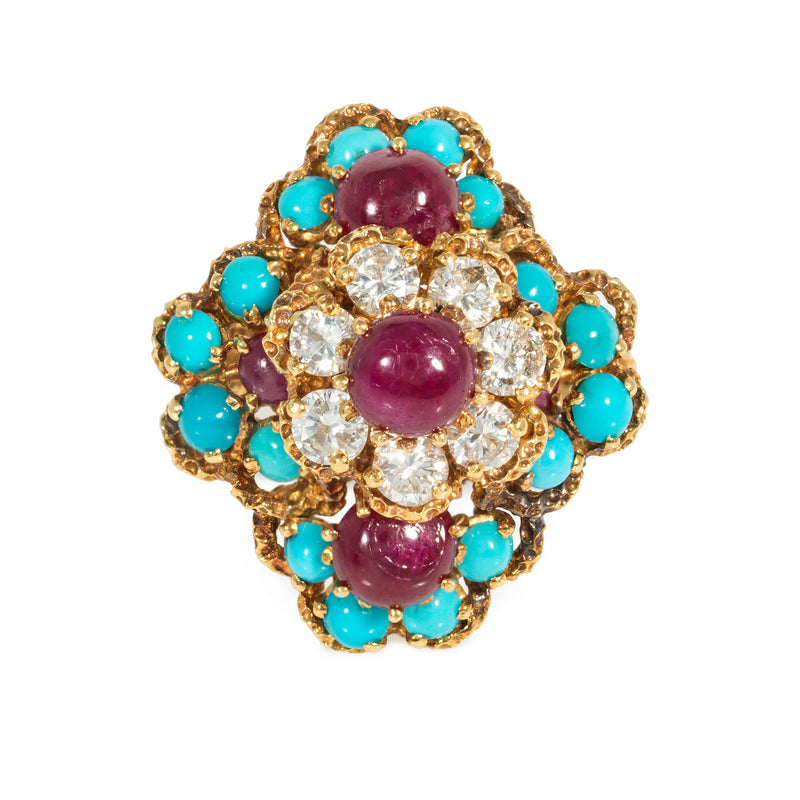 Mid-Century French, ruby, turquoise and diamond cocktail ring
