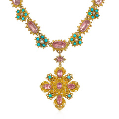 Antique pink topaz, pearl and turquoise cannetille necklace