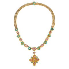 Antique pink topaz, pearl and turquoise cannetille necklace