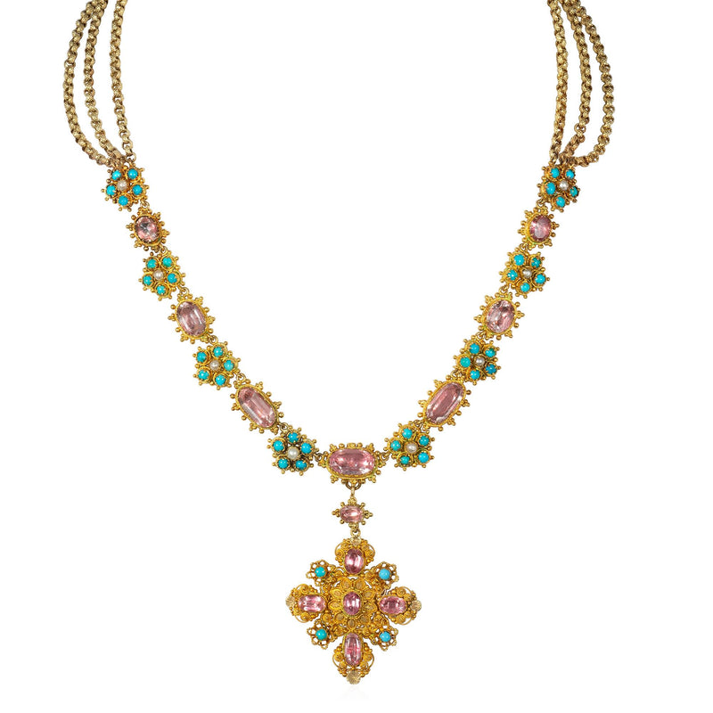 Antique pink topaz, pearl and turquoise cannetille necklace