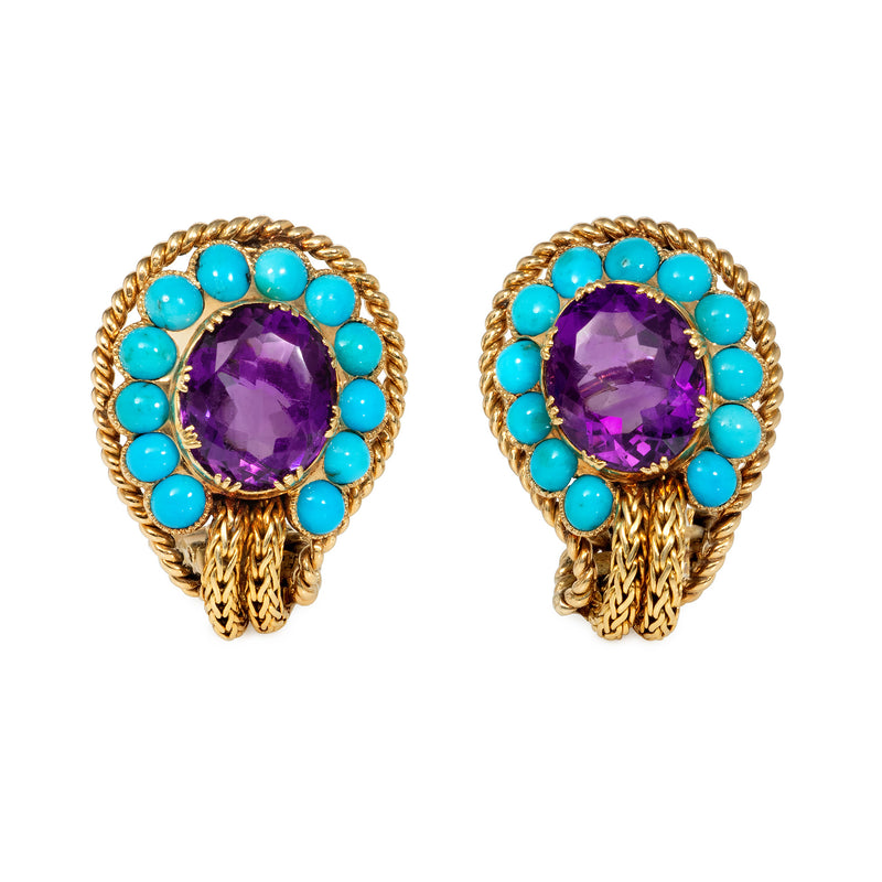 Mid-Century French amethyst and turquoise cluster earrings