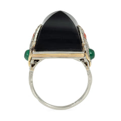 Marchak, Paris Art Deco sugarloaf onyx, coral, and emerald cocktail ring