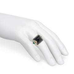 Marchak, Paris Art Deco sugarloaf onyx, coral, and emerald cocktail ring