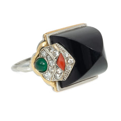Marchak, Paris Art Deco sugarloaf onyx, coral, and emerald cocktail ring