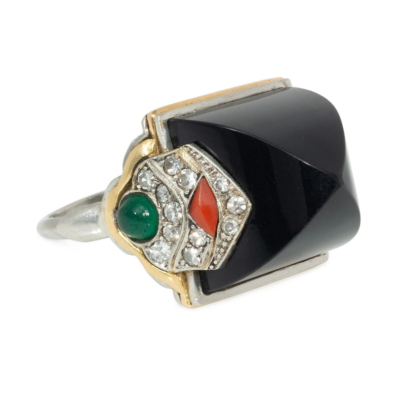 Marchak, Paris Art Deco sugarloaf onyx, coral, and emerald cocktail ring