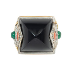 Marchak, Paris Art Deco sugarloaf onyx, coral, and emerald cocktail ring