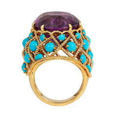 French Mid-Century amethyst and turquoise cocktail ring