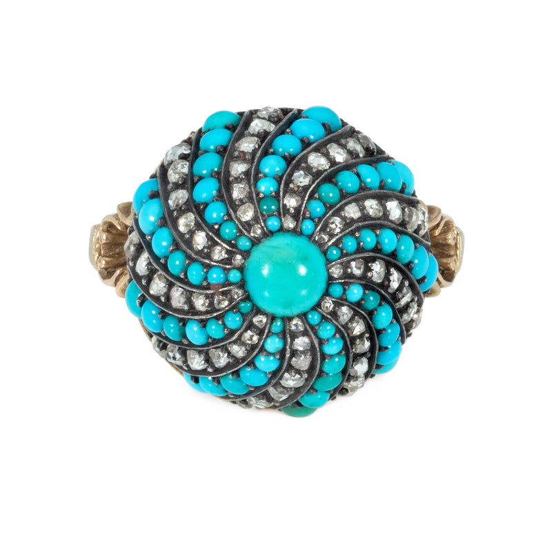 Antique turquoise and diamond bombé swirl ring