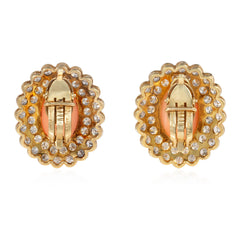 Retro angel skin coral and diamond oval cluster earrings