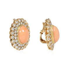 Retro angel skin coral and diamond oval cluster earrings