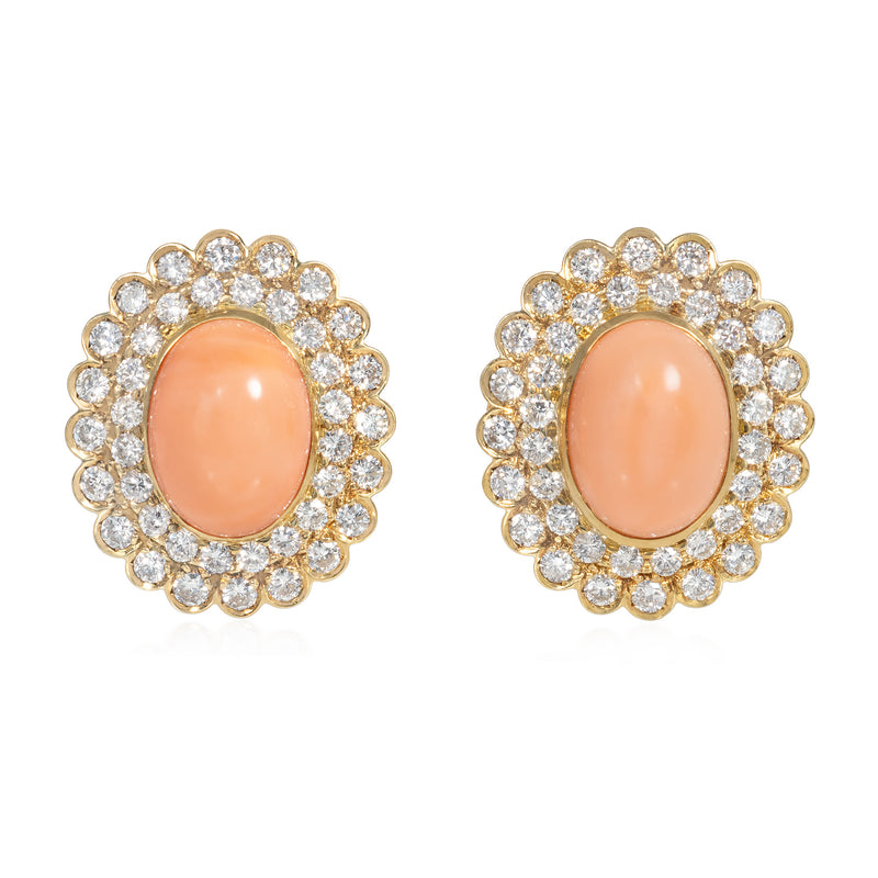 Retro angel skin coral and diamond oval cluster earrings