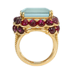 Mid-Century Marchak France aquamarine and ruby statement ring