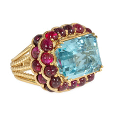 Mid-Century Marchak France aquamarine and ruby statement ring