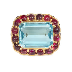 Mid-Century Marchak France aquamarine and ruby statement ring