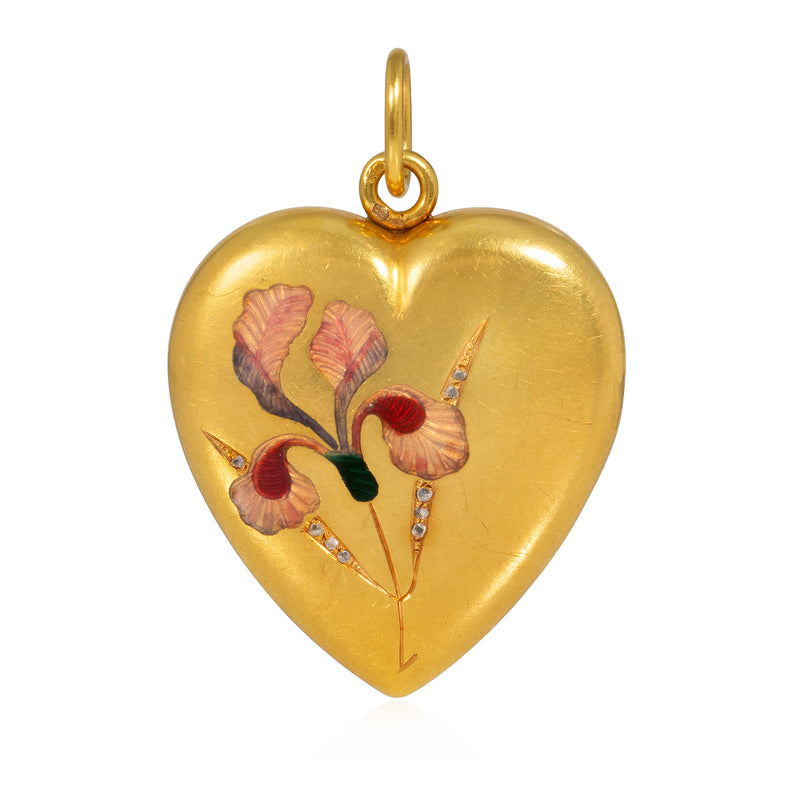 Art Nouveau heart locket with floral enamel decoration