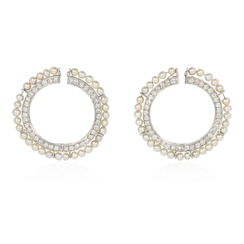 Art Deco pearl and diamond hoop earrings