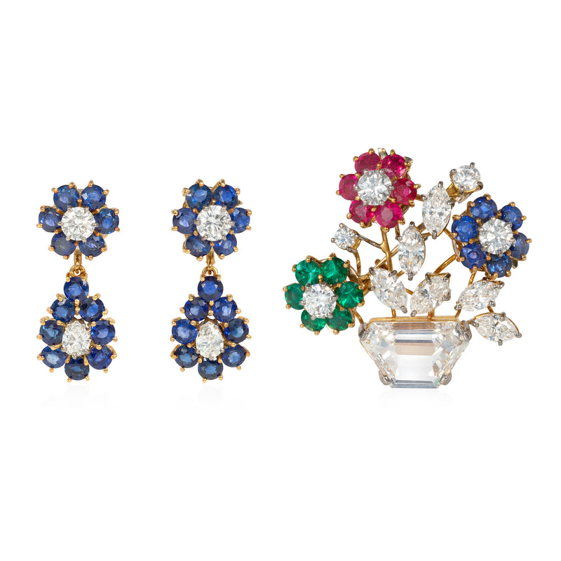 Mid-Century interchangeable multi-gem brooch and earrings set