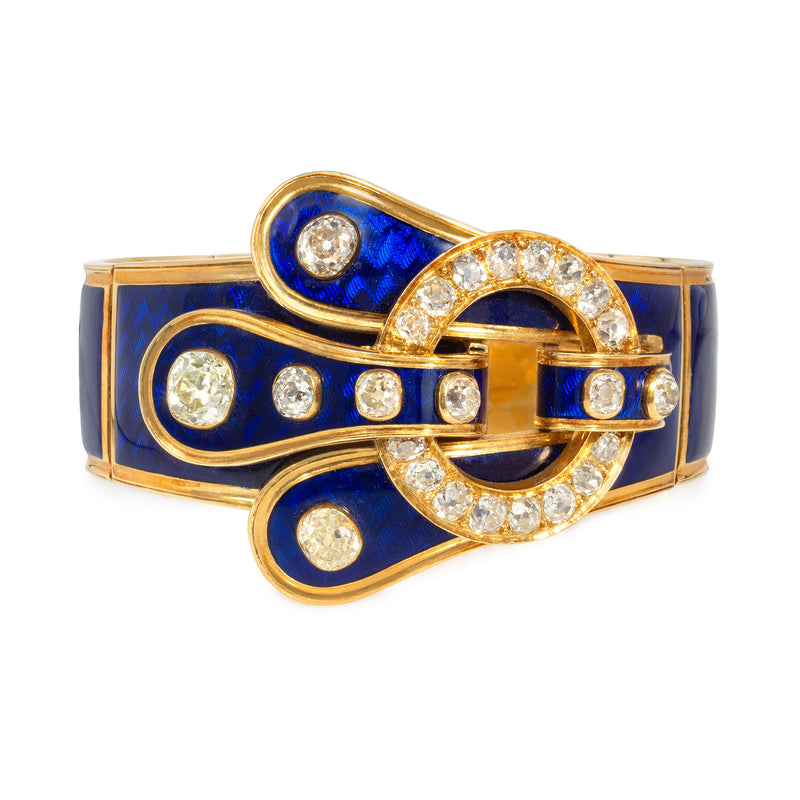 French Antique blue enamel and diamond buckle bracelet