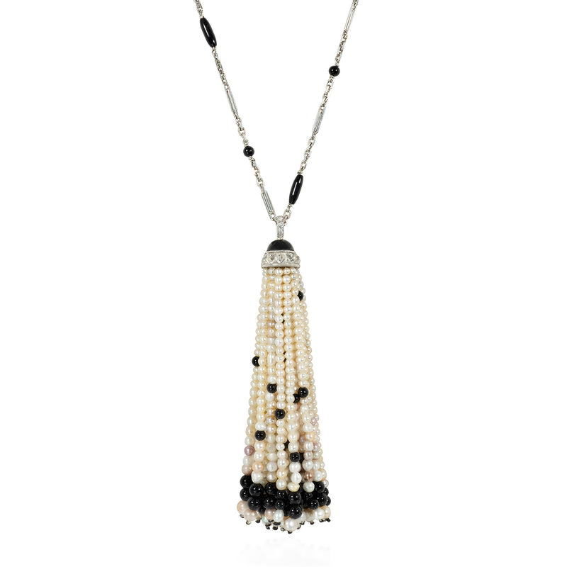 Art Deco onyx pearl and diamond tassel sautoir