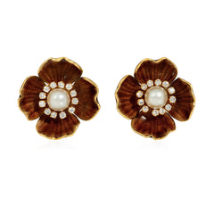Boucheron, Paris interchangeable pearl, enamel and diamond flower earrings