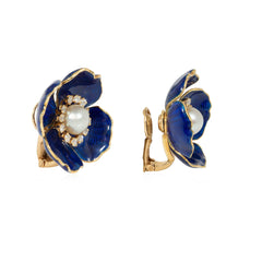 Boucheron, Paris interchangeable pearl, enamel and diamond flower earrings