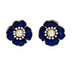Boucheron, Paris interchangeable pearl, enamel and diamond flower earrings