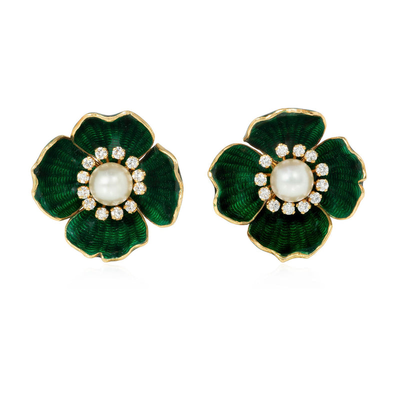 Boucheron, Paris interchangeable pearl, enamel and diamond flower earrings
