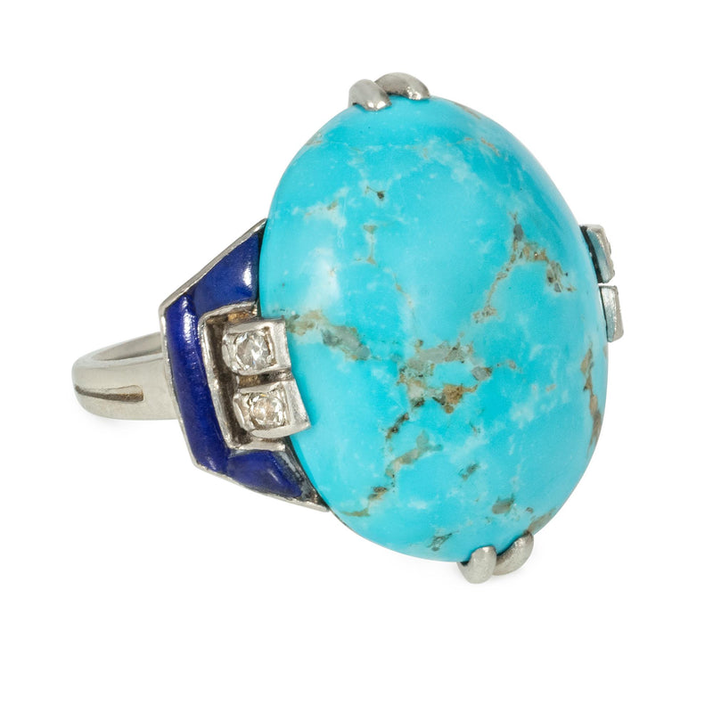 Boucheron, France Art Deco turquoise, diamond, and lapis cocktail ring