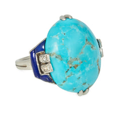 Boucheron, France Art Deco turquoise, diamond, and lapis cocktail ring