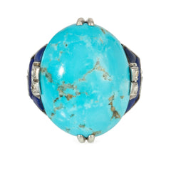 Boucheron, France Art Deco turquoise, diamond, and lapis cocktail ring