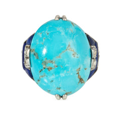 Boucheron, France Art Deco turquoise, diamond, and lapis cocktail ring