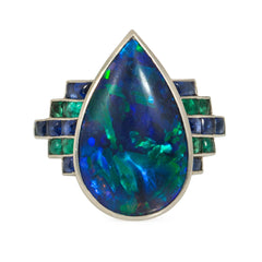 Art Deco black opal, emerald, and sapphire ring