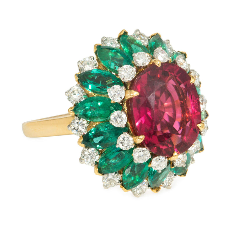 Bulgari, Italy rubellite tourmaline, emerald and diamond ring